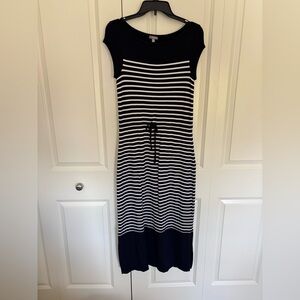 Talbots navy Striped Jersey Knit Short Sleeve Drawstring Waist Maxi Dress SP